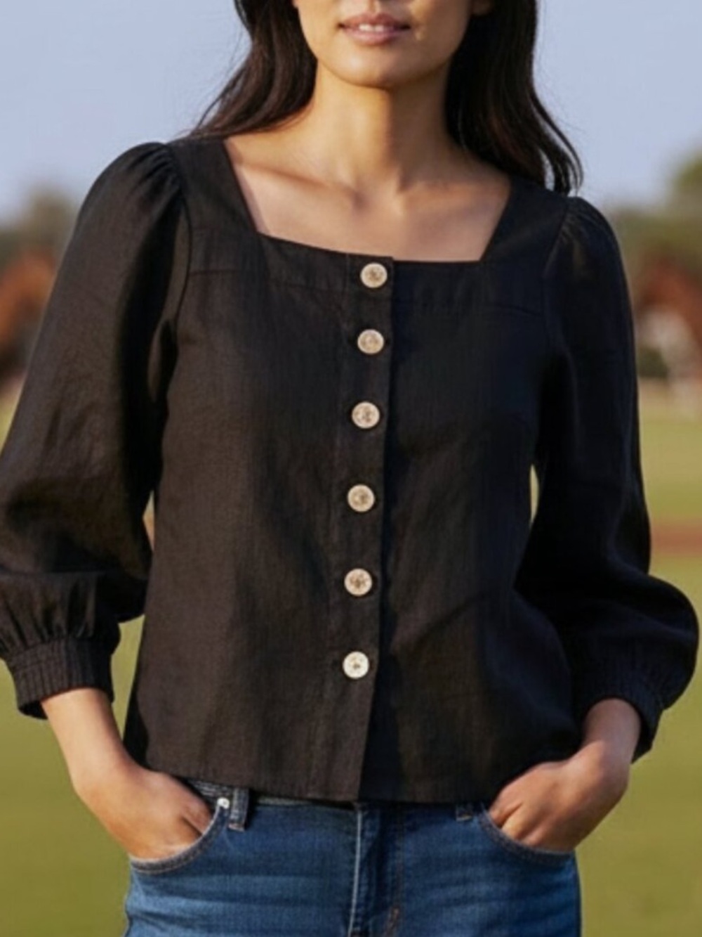 J. Crew Square Neck Button Front Black Linen Top, NEW